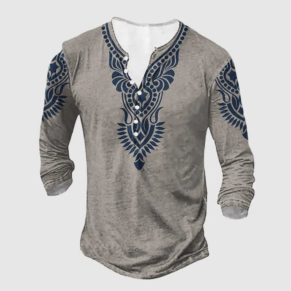 3D Wolf Men's T-Shirt - Polyester Long Sleeve Henry Collar