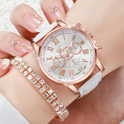 Women's 6pcs Quartz Watch & Diamond Jewelry Set - Leather Band, Roman Numeral, 42mm, No Box