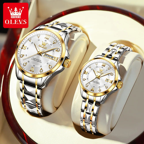 OLEVS 2906 Couple Watch - Roman Scale, Diamond Dial, Rhombus Strap, Waterproof