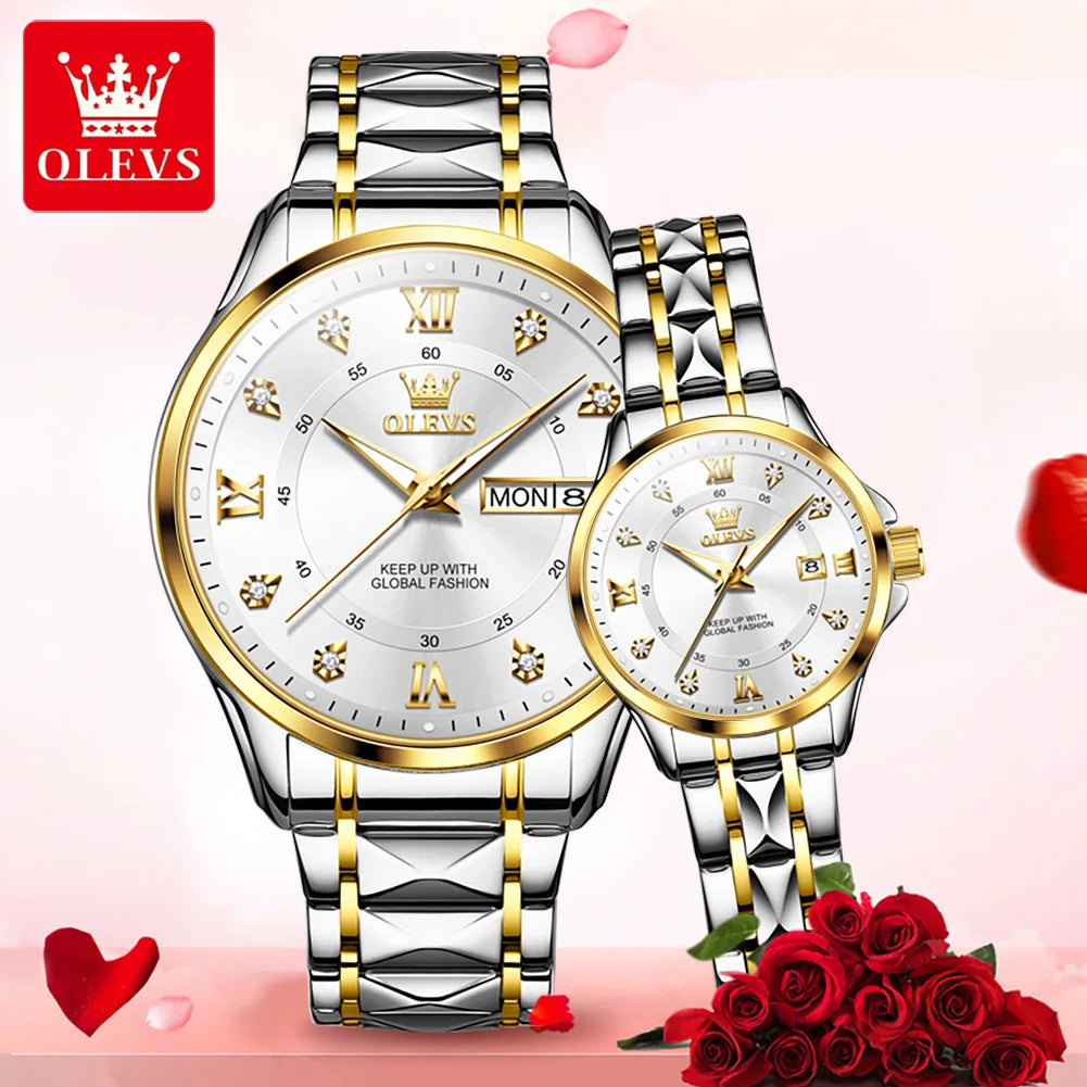 OLEVS 2906 Couple Watch - Roman Scale, Diamond Dial, Rhombus Strap, Waterproof
