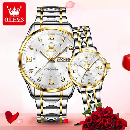 OLEVS 2906 Couple Watch - Roman Scale, Diamond Dial, Rhombus Strap, Waterproof