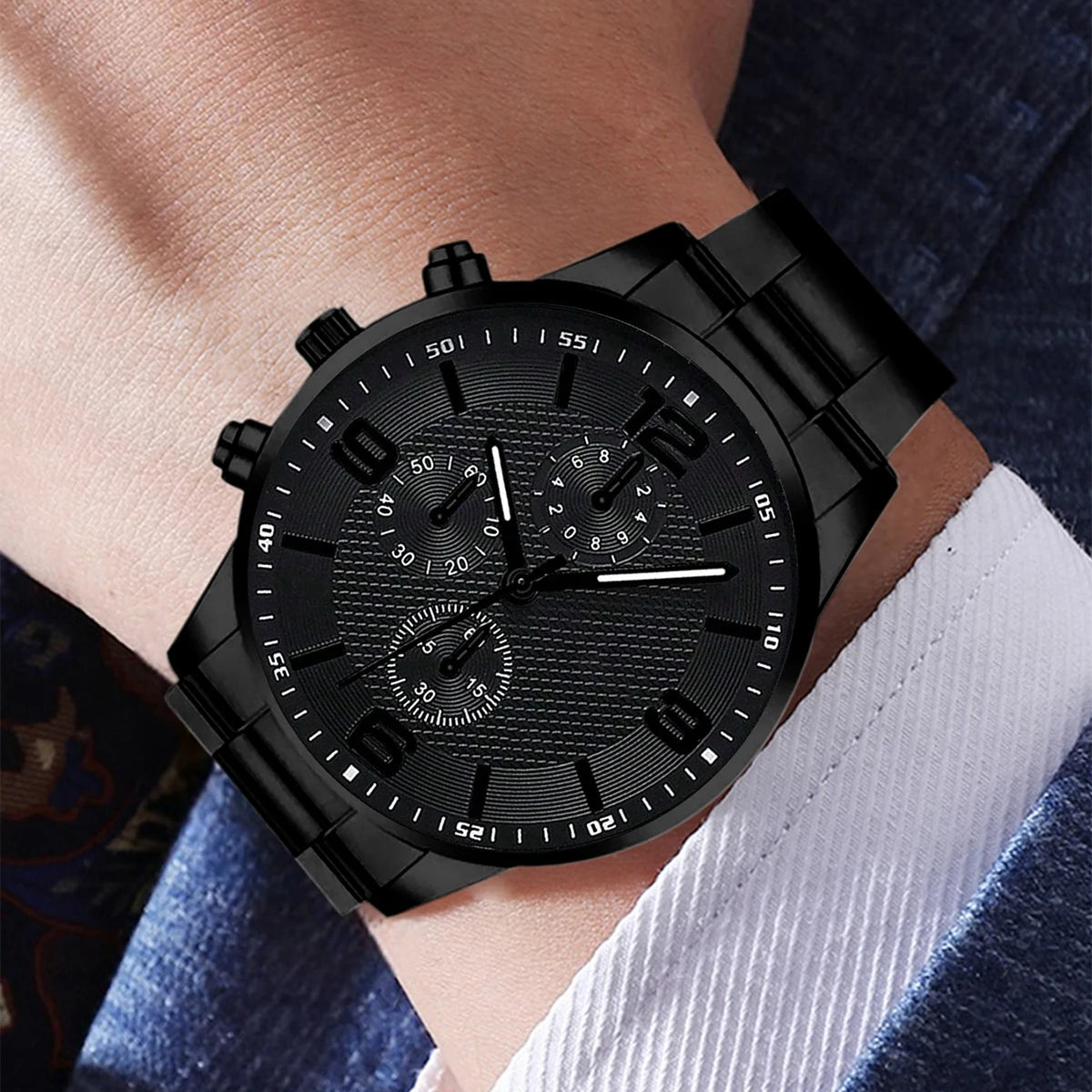 Black Men's Watch Set - Quartz Watch & Jewelry Gift Set