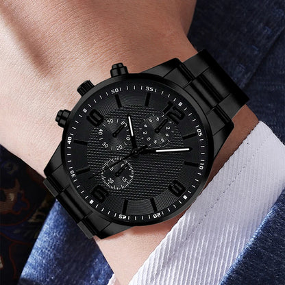 Black Men's Watch Set - Quartz Watch & Jewelry Gift Set