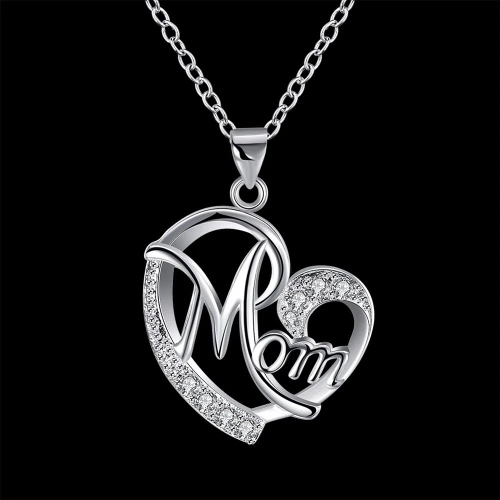 Mom Heart Pendant Necklace – 925 Sterling Silver, AAA Zircon Crystal