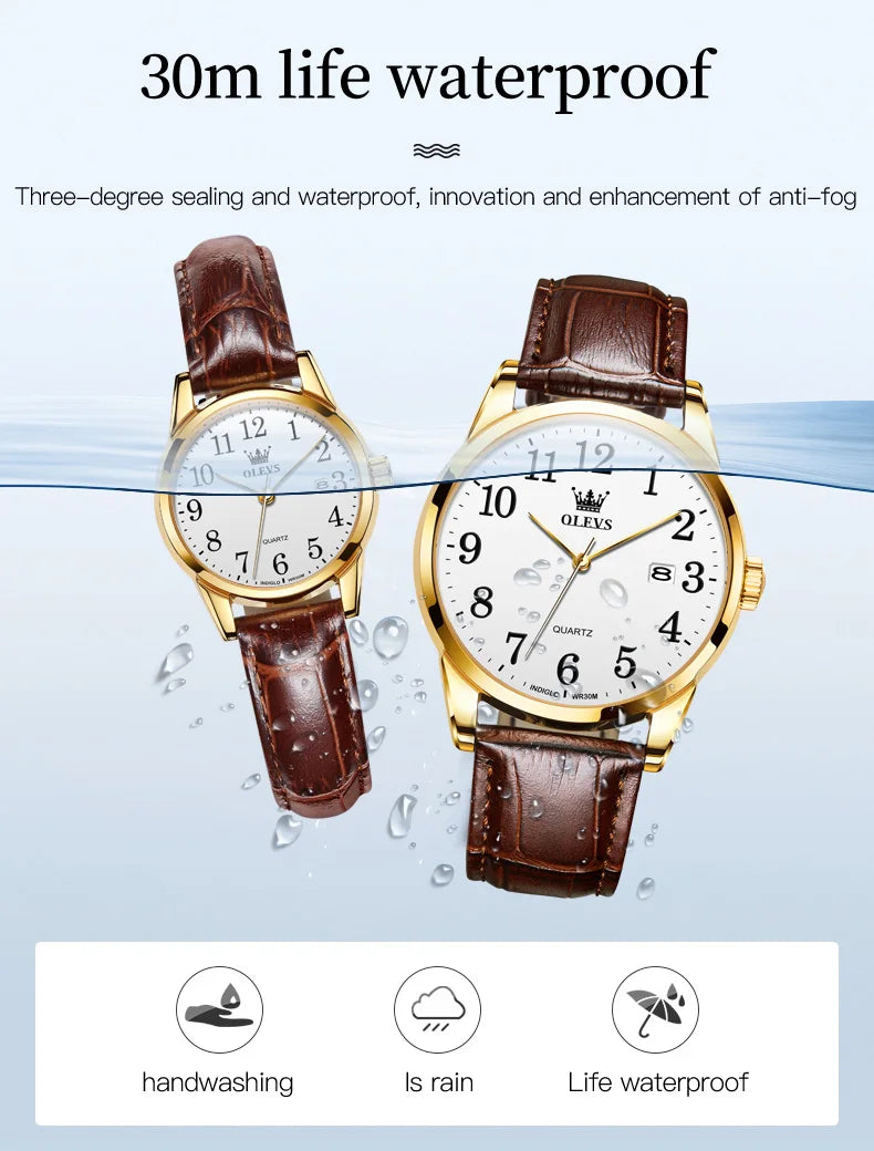 OLEVS 5566 Watch - Fashion Quartz, Leather Strap, Waterproof, Arabic Numeral, Men & Women
