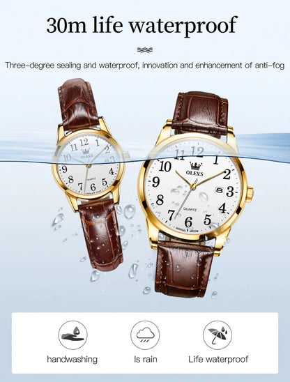 OLEVS 5566 Watch - Fashion Quartz, Leather Strap, Waterproof, Arabic Numeral, Men & Women