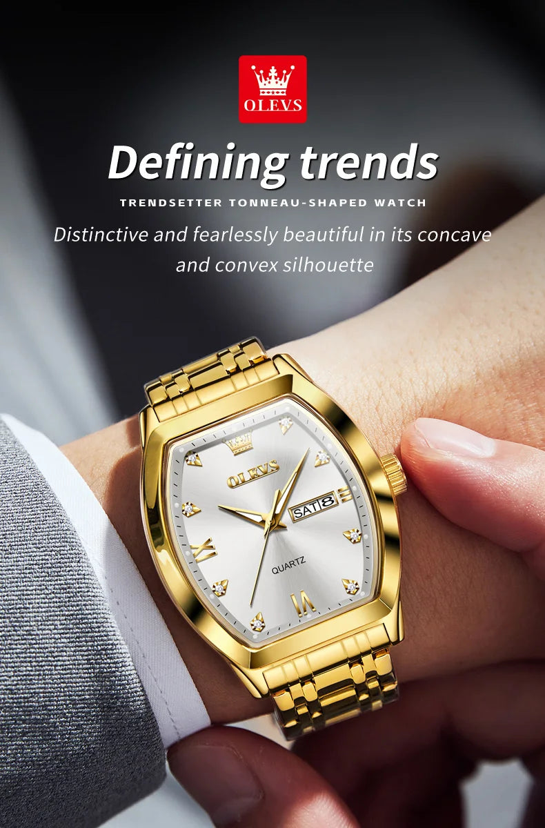 OLEVS 5528 Men's Watch - Luxury Gold, Tonneau Dial, Waterproof, Luminous, Business