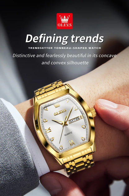OLEVS 5528 Men's Watch - Luxury Gold, Tonneau Dial, Waterproof, Luminous, Business