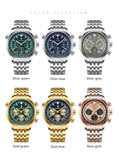 POEDAGAR 960 Men's Luxury Chronograph Watch - Stainless Steel, Luminous, 3ATM, Auto Date