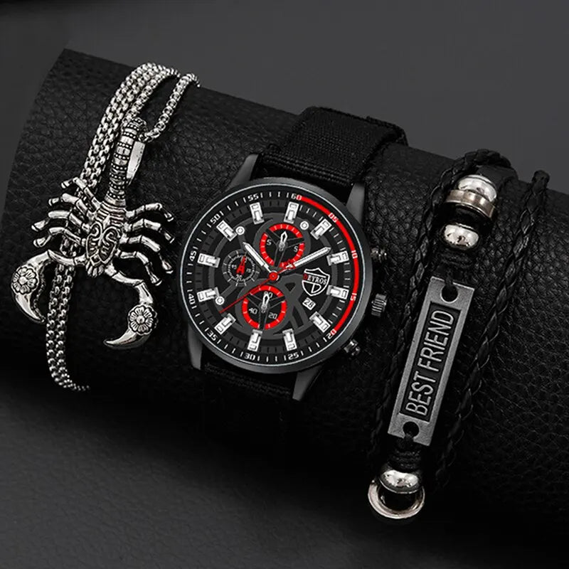 DEYROS 3pcs Men's Quartz Watch, Necklace & Bracelet Set - Nylon Band, Hardlex, Numberless Dial