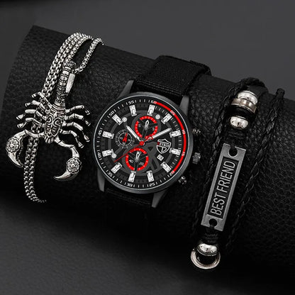 DEYROS 3pcs Men's Quartz Watch, Necklace & Bracelet Set - Nylon Band, Hardlex, Numberless Dial