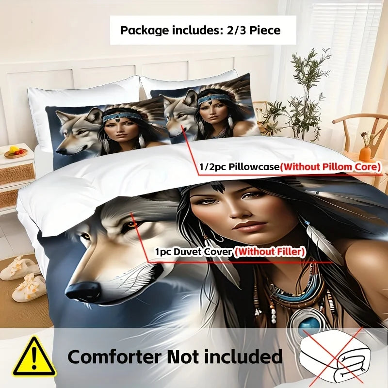 Wolf Feather 3D Bedding Set - Polyester Duvet Cover Pillowcase