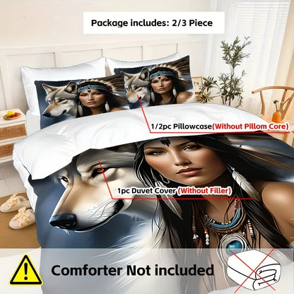 Wolf Feather 3D Bedding Set - Polyester Duvet Cover Pillowcase
