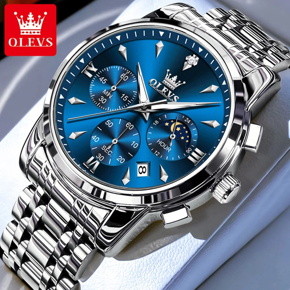 OLEVS Moon Phase Watch - Gold Blue Stainless Steel Chronograph