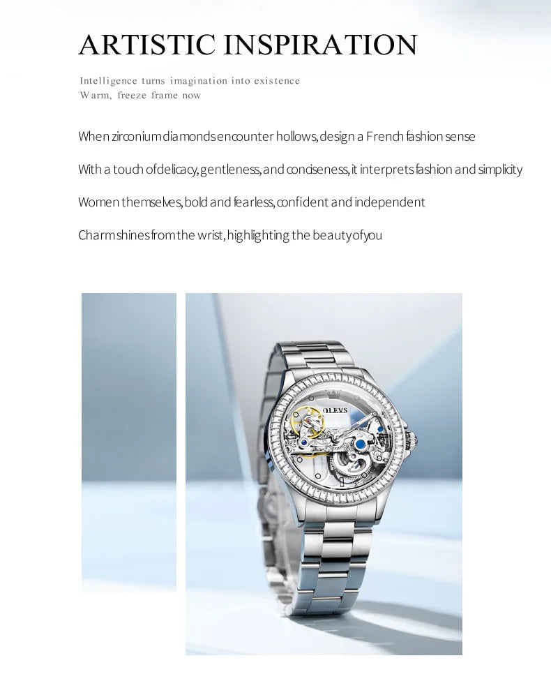 OLEVS 6699 Automatic Mechanical Watch - Transparent 40mm Big Dial, Bracelet Set, Luxury