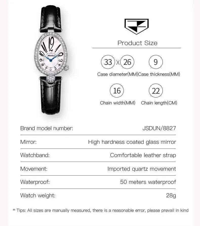 JSDUN 8827 Women's Quartz Watch - 50M Waterproof, Leather Band, Luxury