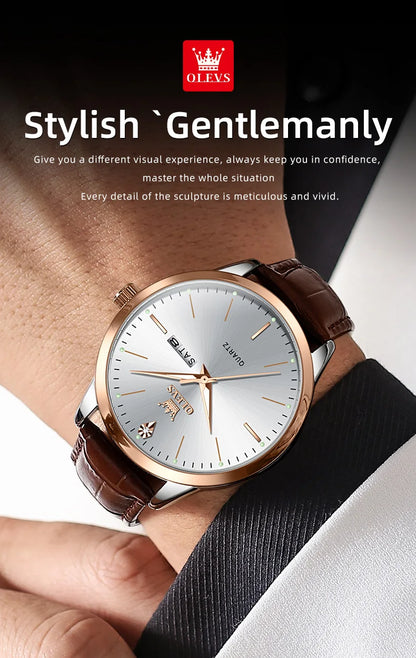 OLEVS 2935 Luxury Men's Watch - Roman Numeral, Auto Date, Shock Resistant, 3ATM, Leather Strap