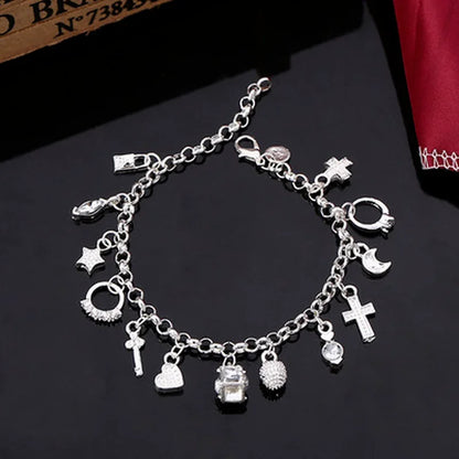 925 Sterling Silver Charm Bracelet - 13 Pendants