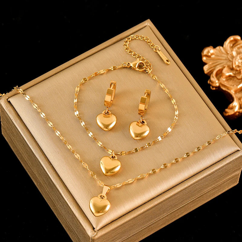 18K Gold Heart Love Jewelry Set - Necklace, Bracelet & Earrings