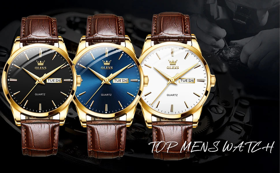 OLEVS 6898 Men's Watch - Simple Blue Face, Waterproof, Leather Strap, Business Casual, Automatic