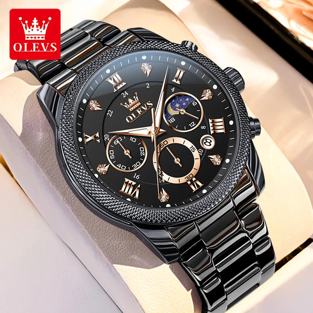 OLEVS 3660 Men's Watch - Moon Phase, Chronograph, Leather Strap, Waterproof, Anti-Magnetic