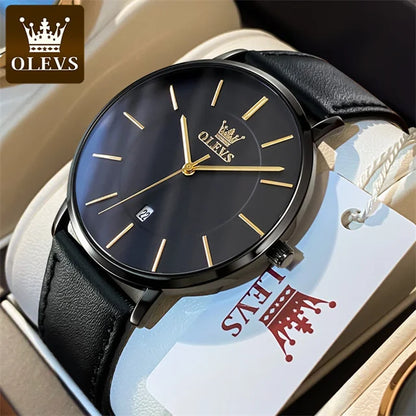 OLEVS 5869 Men's Watch - Ultra Thin 6.5mm, Minimalist, Leather Strap, Waterproof, Auto Date