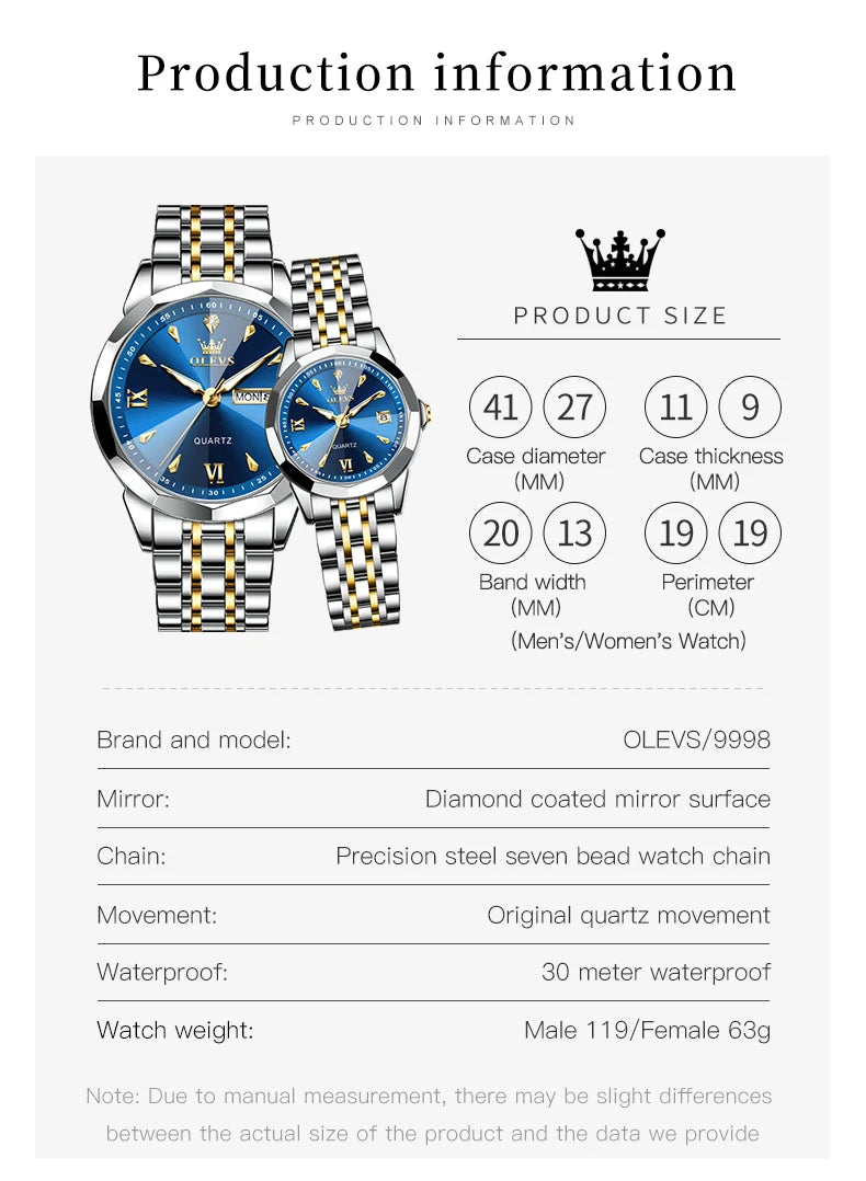 OLEVS 9998 Couple Watches - Rhombus Mirror, Luminous Date, Waterproof