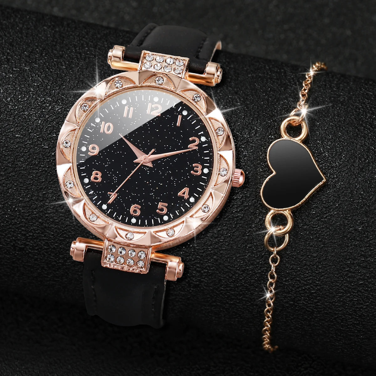2pcs Women's Rhinestone Quartz Watch & Heart Bracelet Set - PU Leather, Arabic Numeral, 33mm