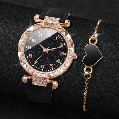 2pcs Women's Rhinestone Quartz Watch & Heart Bracelet Set - PU Leather, Arabic Numeral, 33mm