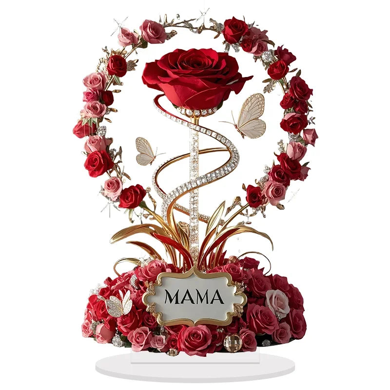 8" Acrylic Rose 'MOM' Standing Decoration – Love Theme, Pastoral Style