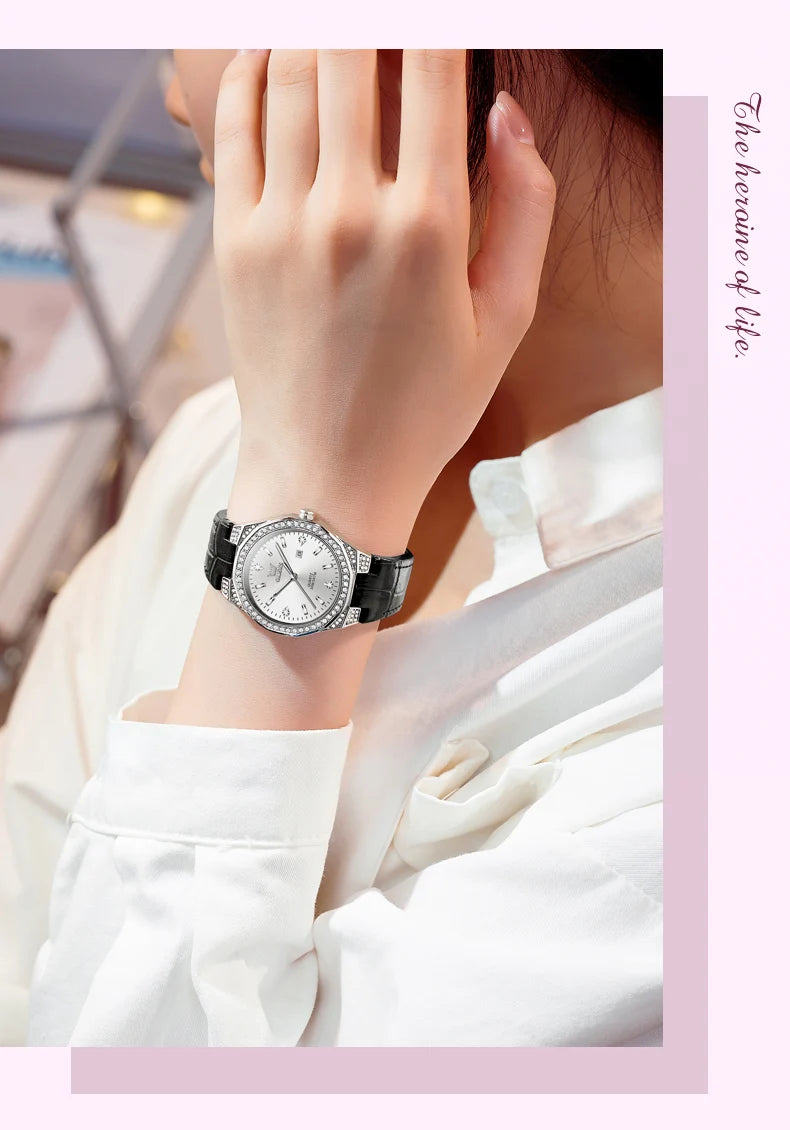 OLEVS 5606 Original Diamond Watch - Leather Strap, 3M Waterproof, Luminous