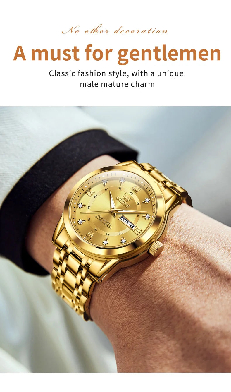 OLEVS 5513 Couple Watch - Stainless Steel, Waterproof, Luxury Gold Diamond, Lover's Pair