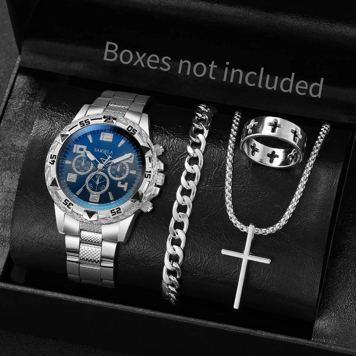 yolako 4pcs Men's Quartz Watch Jewelry Set - Watch, Bracelet, Necklace & Ring, 45mm, No Box