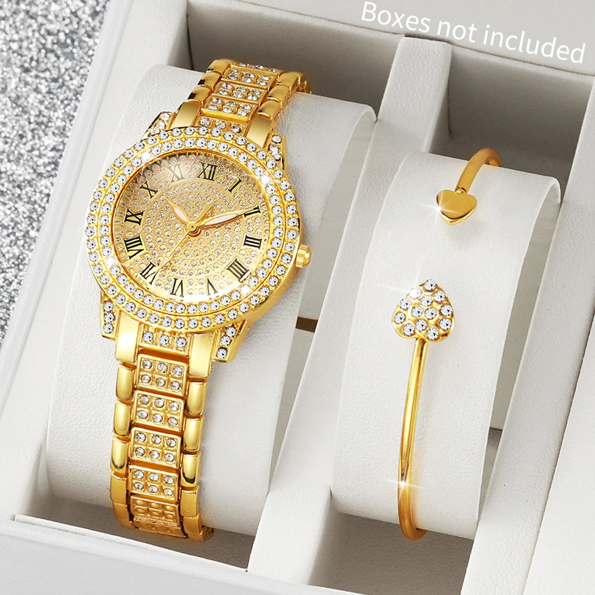 Women's Diamond Roman Numeral Quartz Watch & Heart Jewelry Set - Alloy Band, 32mm, No Box