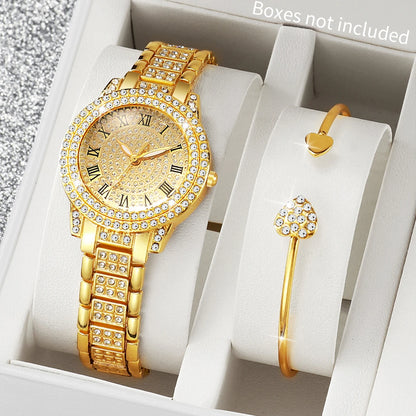 Women's Diamond Roman Numeral Quartz Watch & Heart Jewelry Set - Alloy Band, 32mm, No Box