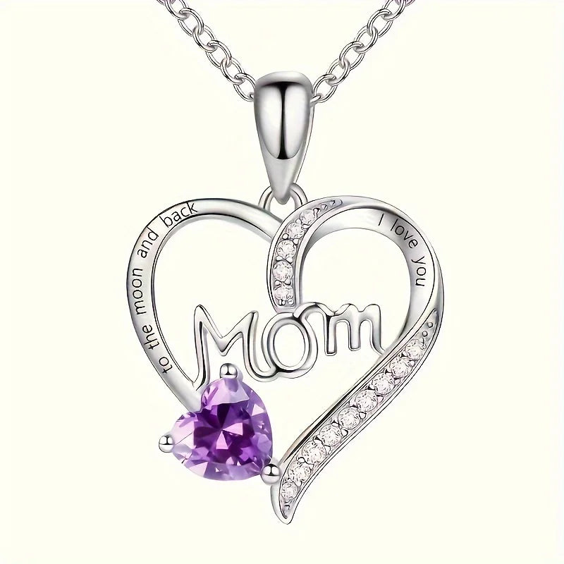 Heart 'Mom' Engraved Rhinestone Necklace – Multi-Color, 35cm