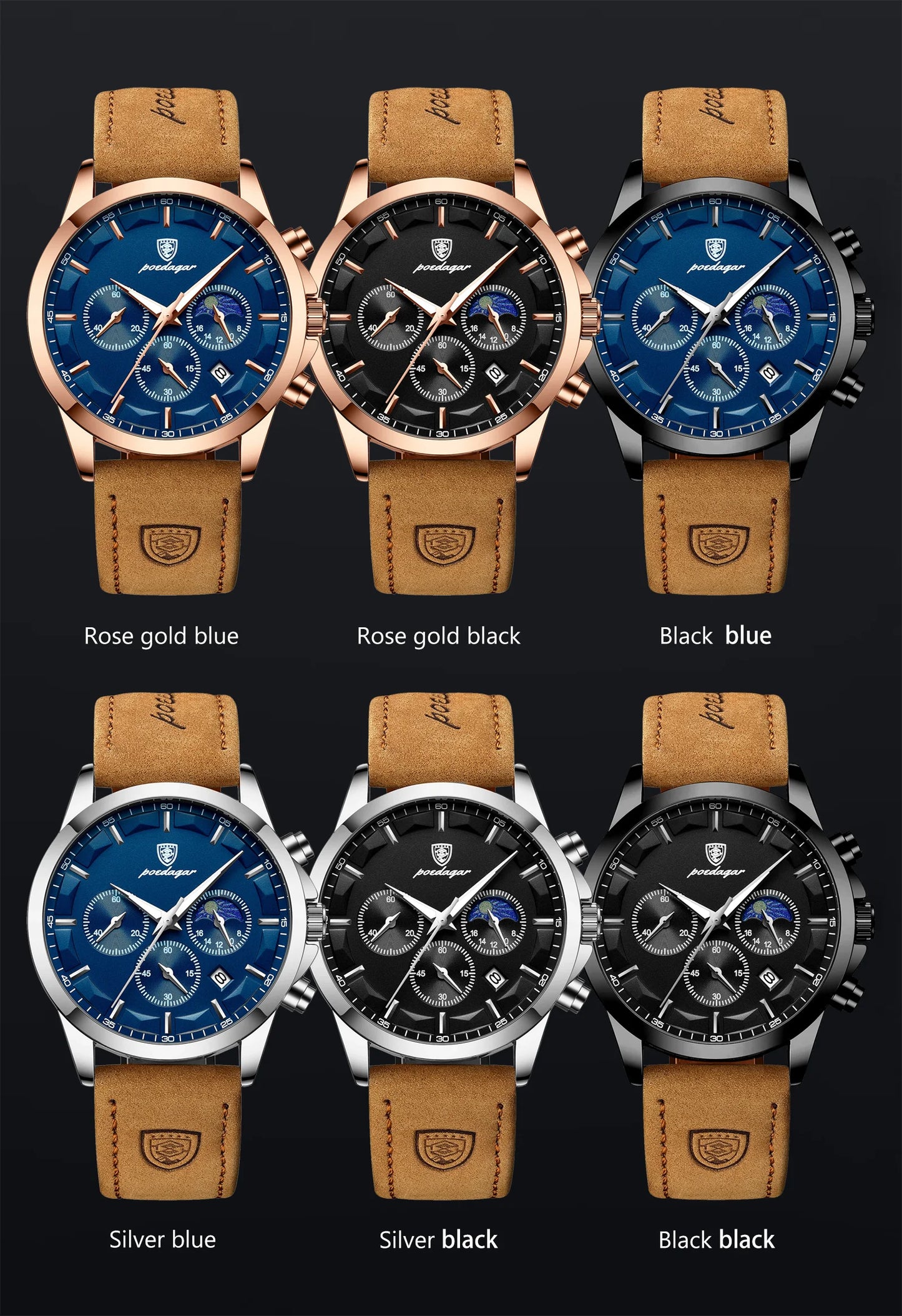 POEDAGAR 928 Men's Luxury Sport Watch - Leather Band, Luminous, Diver, 3ATM, Auto Date