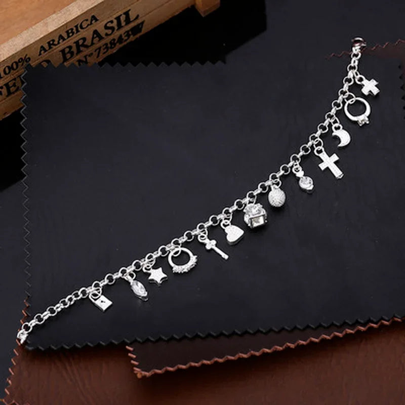 925 Sterling Silver Charm Bracelet - 13 Pendants