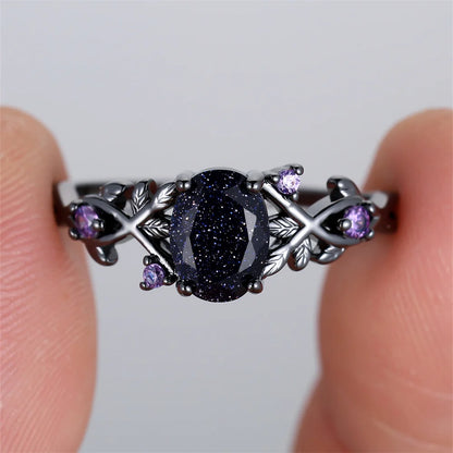 Oval Zircon Vintage Ring for Women – Black Blue