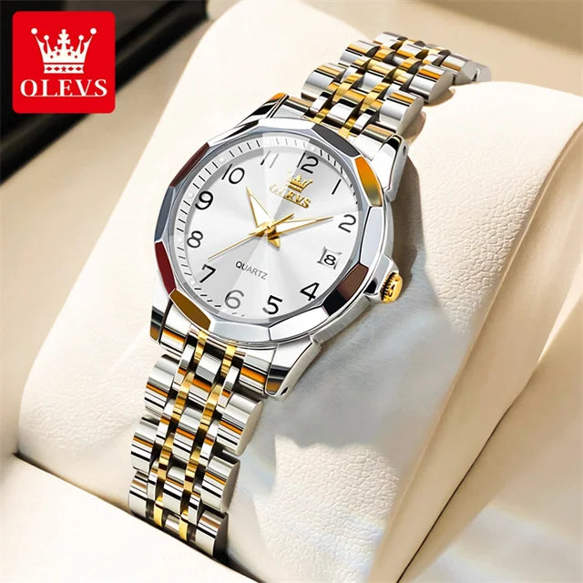 OLEVS 9970 Couple Watch - Luxury, Stainless Steel, Waterproof, Calendar, Digital Dial, Rhombus Mirror