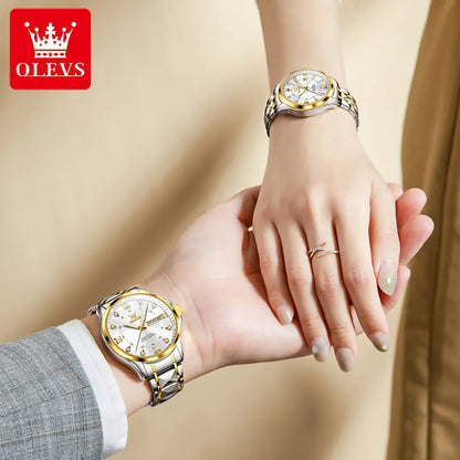 OLEVS 2906 Couple Watch - Roman Scale, Diamond Dial, Rhombus Strap, Waterproof