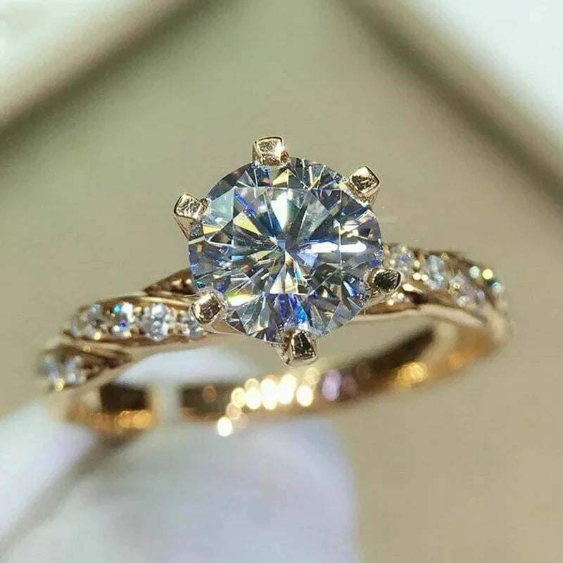 Gold Cubic Zirconia Ring - 6 Claw Engagement Band