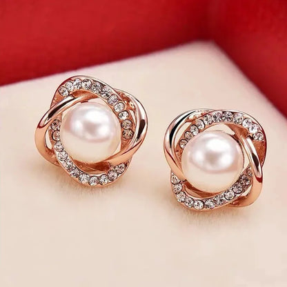 14K Gold Stud Earrings - Zircon and Pearl Twist Design