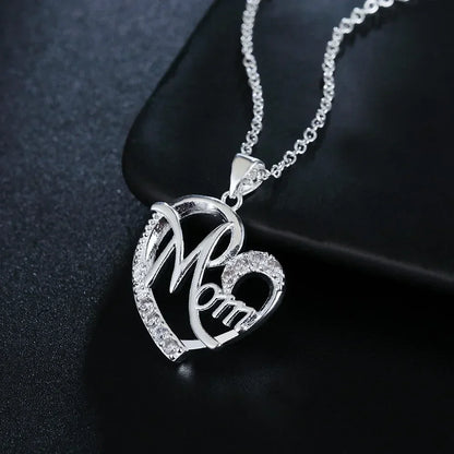 Mom Heart Pendant Necklace – 925 Sterling Silver, AAA Zircon Crystal