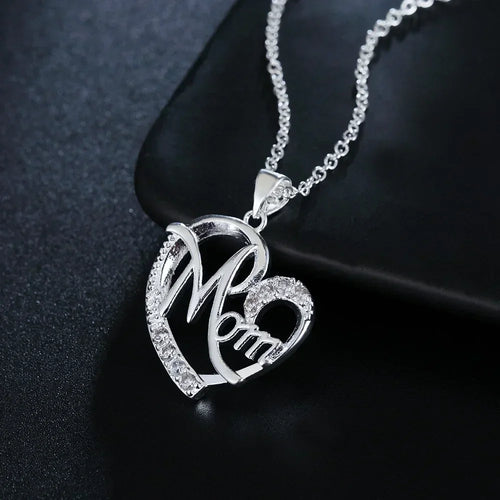 Mom Heart Pendant Necklace – 925 Sterling Silver, AAA Zircon Crystal