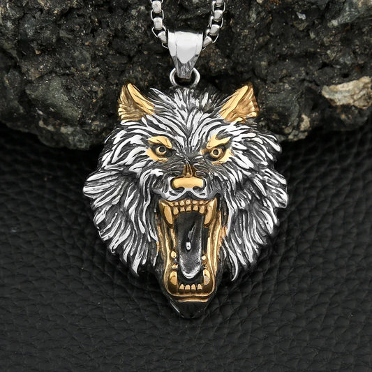 Punk Viking Wolf Head Pendant Necklace Gold Color Stainless Steel Odin Wolf Necklace Norse Mythology Jewelry Gifts Accessories