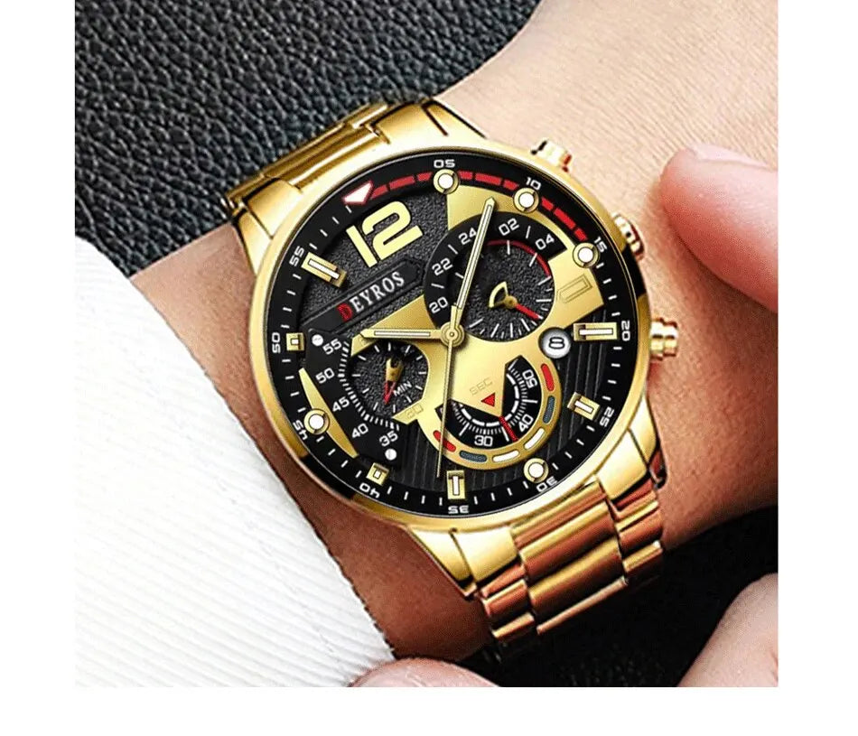 DEYROS 3pcs Men's Quartz Watch, Necklace & Bracelet Set - Stainless Steel, Hardlex, Auto Date