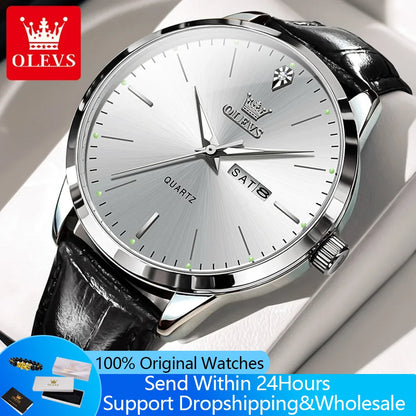OLEVS 2935 Men's Watch - 43mm, Dual Calendar, Luminous, 3ATM Waterproof, Leather Strap