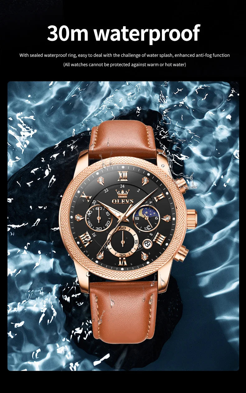 OLEVS 3660 Men's Watch - Moon Phase, Chronograph, Leather Strap, Waterproof, Anti-Magnetic