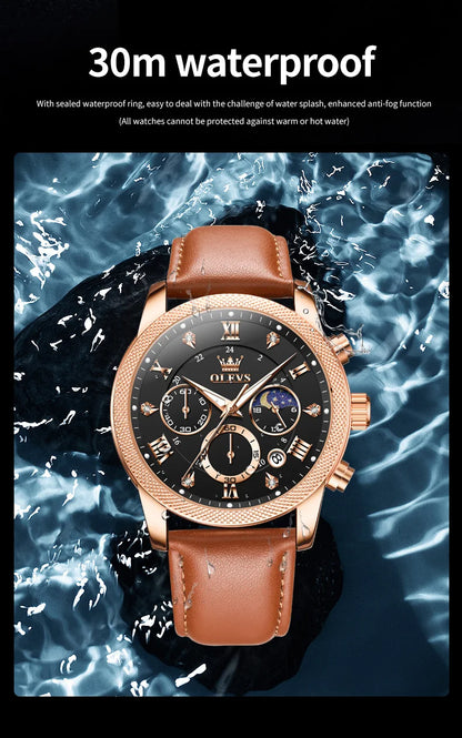 OLEVS 3660 Men's Watch - Moon Phase, Chronograph, Leather Strap, Waterproof, Anti-Magnetic